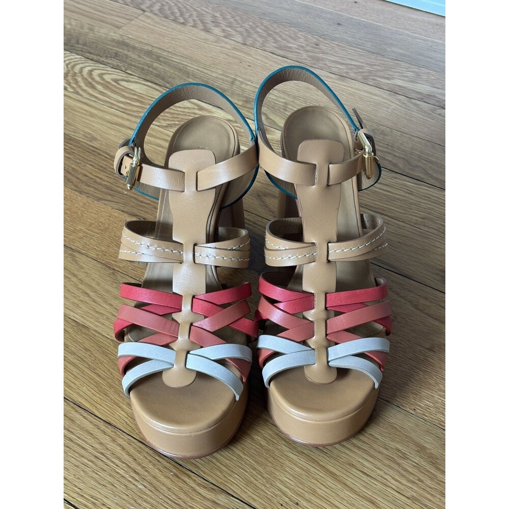 See By Chloe Sierra Platform Heels Sandals Irlanda Leather Brown Green Red 39 - Picture 2 of 16